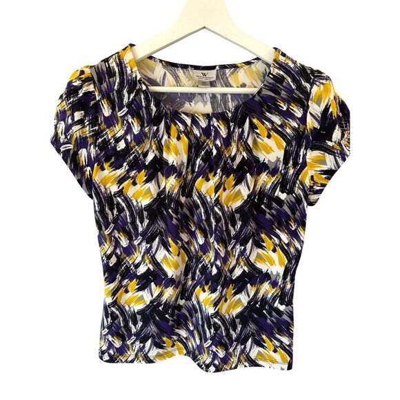 Worthington Abstract Blouse PM Petite Stretch Multicolor Short Sleeve Top Artsy - Picture 1 of 7